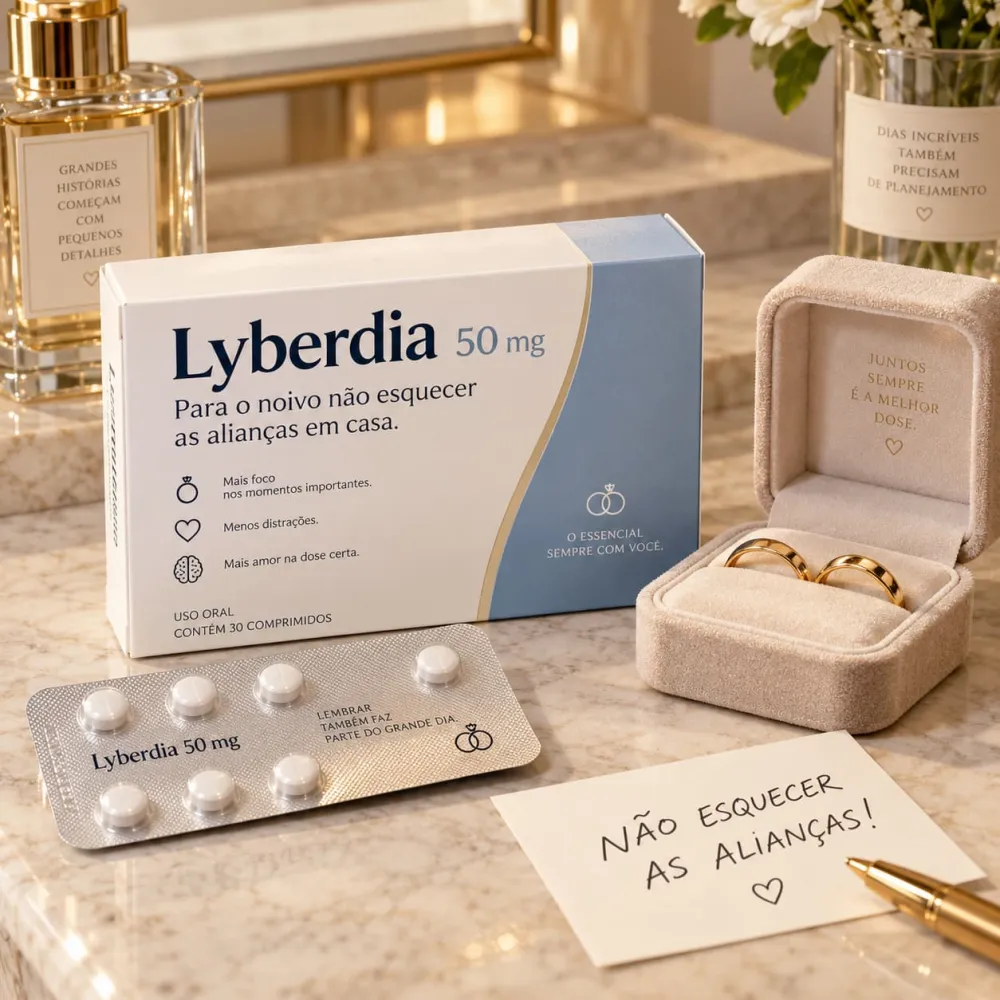 Uma caixa de Lyberdia 50mg para o noivo não esquecer as alianças em casa