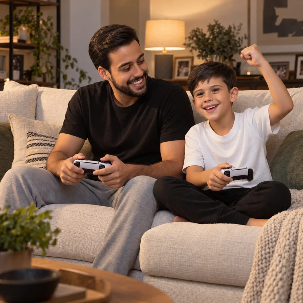 Sofá oficial dos campeonatos de FIFA para o Tio Matheus jogar com o Theo