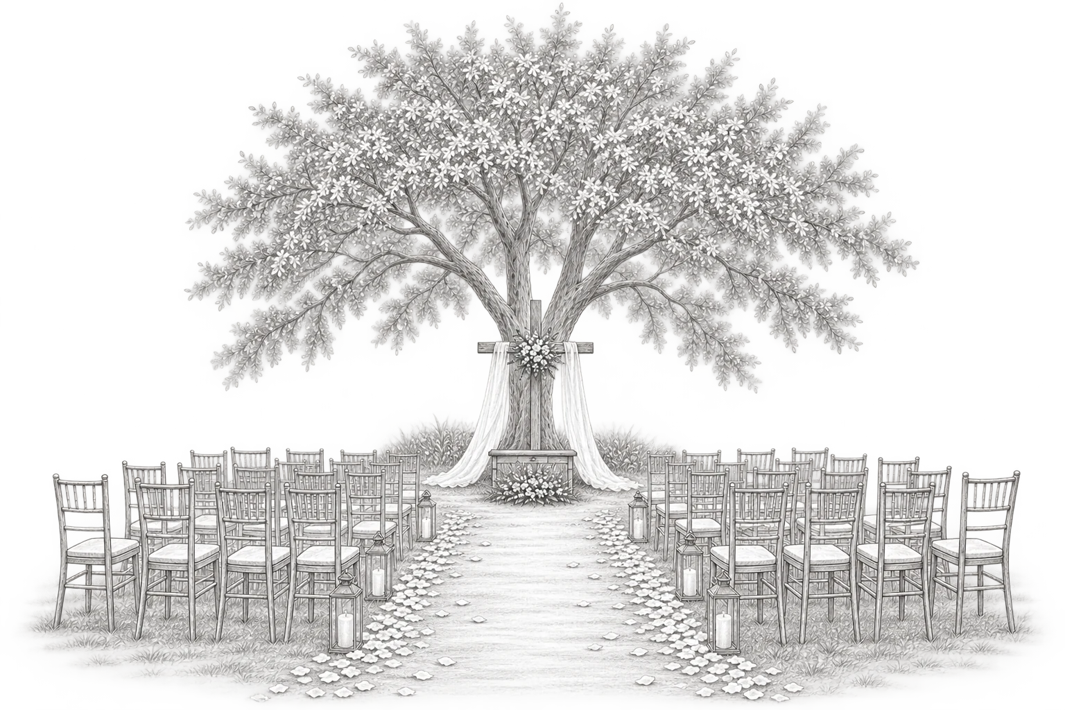 Desenho da cerimônia: altar sob a árvore com cruz, véu e cadeiras dos convidados